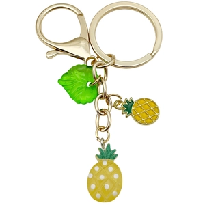 Tropical pineapple keychain with 3D fruit pendants and gold lobster clasp for bags