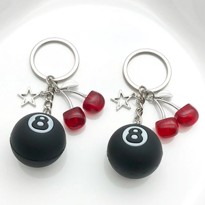 Creative cherry and black 8 ball billiards keychain with silver star charm pendant