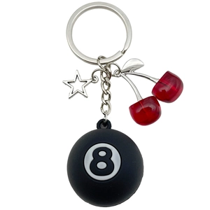 Creative black billiard 8 ball keychain with red cherry charms and metal star pendant