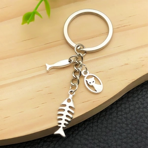 Antique silver cat and fish keychain set with bone pendant for bags and gift accessories