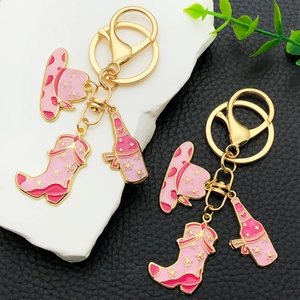 Western Cowboy Theme Keychain Pink Brown Zinc Alloy Enamel Hat Boots Wine Bottle Star Heart Metal Pendant Bag Charm Women Men