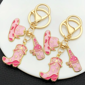Pink western cowboy hat and boot enamel keychain set with gold alloy lobster clasps