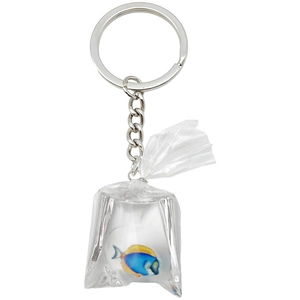 Creative fish in water bag keychain with realistic blue and yellow resin fish model