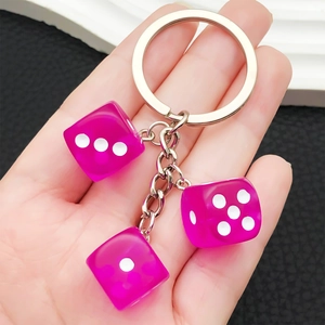 Creative translucent purple resin dice keychain with silver metal ring for handbags