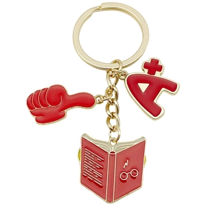 Red enamel A plus thumb up and book keychain with golden metal ring and chain charm