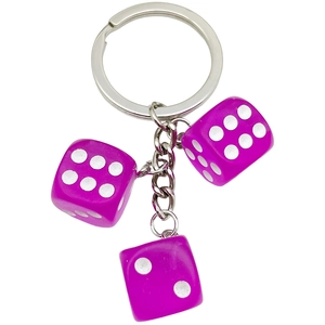 Creative purple resin dice keychain with silver metallic ring and triple cube pendant charms