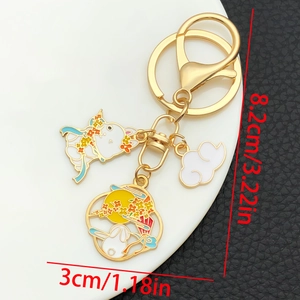 Detailed view of enamel rabbit keychain with dimensions showing the cute mooncake festival charm