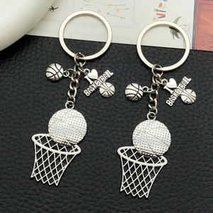 Porte-clés en Alliage Argent Antique Panier de Basket-ball Thème de Sport Pendentif pour Fans Hommes Femmes Accessoires de Sac