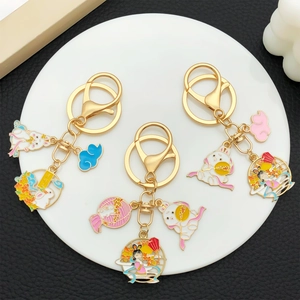 Chinese Moon Goddess and Jade Rabbit enamel keychain set with festive gold pendants