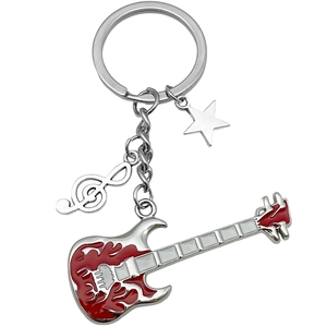 Guitar keychain with red flame pattern, musical note and star pendant in polished alloy