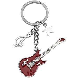 Red electric guitar keychain with treble clef and star charm on a silver key ring