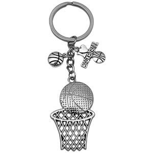 Porte-clés basketball argent antique avec panier et plaque gravée I Love Basketball
