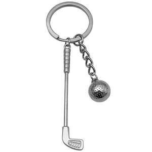 Porte-clés créatif avec club de golf et balle en métal poli au fini argent antique