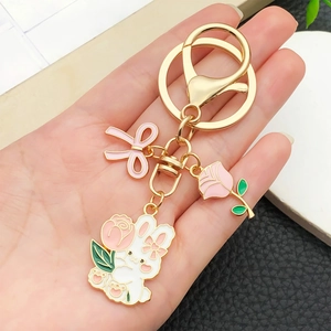 Cute Cartoon Rabbit Zinc Alloy Keychain Drip Oil Rose Flower Bow Pendant Handbag Charm For Women Girls Festive Gift