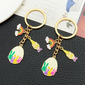 Rainbow bunny and Easter egg gold enamel keychains set with cute cartoon pendants