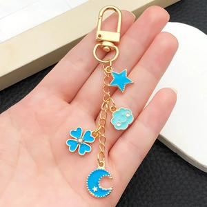 Cartoon Enamel Star Moon Clover Zinc Alloy Keychain Pendant Gold Plated Rhinestone Drip Oil Bag Charm Key Ring For Women Girls