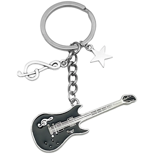 Creative black electric guitar music keychain with silver treble clef and star charms