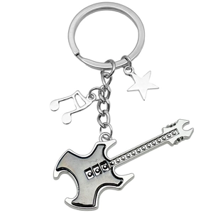 Creative silver metal electric guitar keychain with musical note and star charms
