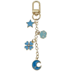 Blue stars and moon U-shaped alloy keychain with enamel clover charms in gold finish