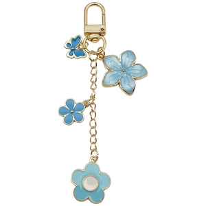 Porte-clés en émail bleu fleur de cerisier et papillon doré avec boucle en U