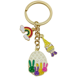 Chinese style rainbow rabbit and Easter egg golden keychain with cartoon charms