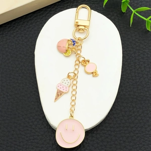 Porte-clés glace rose et smiley avec fermoir mousqueton doré pour sacs et clés
