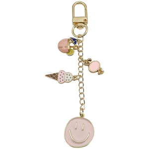 Porte-clés avec breloques glace rose et smiley doté d'un fermoir mousqueton doré
