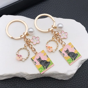 Tarot Black Cat Enamel Keychain Zinc Alloy Gold Plated Sakura Artificial Pearl Charm Key Ring Bag Pendant Gift For Women Girls