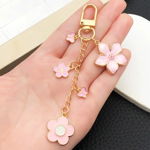 Cherry Blossom Butterfly Enamel Zinc Alloy Keychain Pendant Floral Bag Charm Accessories For Women Girls Pink Blue Keyring