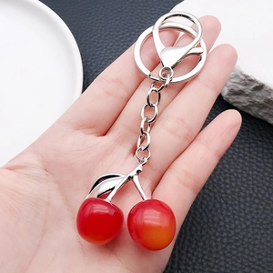 Creative resin cherry keychain with red gradient fruit charms and silver metal clasp