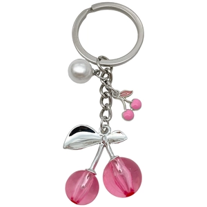 Kirsch-Schlüsselanhänger aus rosa Harz mit weißer Perle und Silberblatt-Anhänger