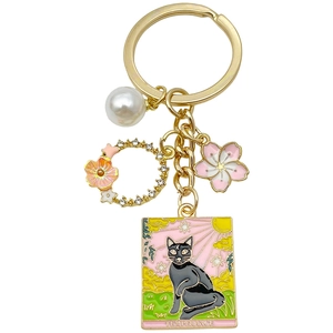 Cute pink tarot cat keychain with star sky enamel pendant and rhinestone flower wreath