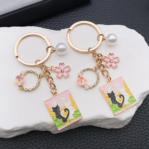 Enamel Cat Tarot Card Keychain With Faux Artificial Pearl Rhinestone Wreath Pink Cherry Blossom Gold Zinc Alloy Bag Charm Women Gift