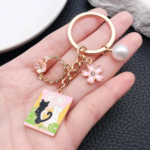 Pink heart cat tarot keychain with golden flower ring, large pearl and lovers card charm