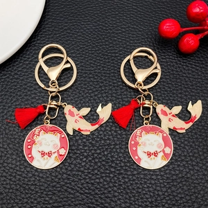 Lucky Cat Koi Keychain Red Tassel Enamel Zinc Alloy Bag Car Charm Japanese Style Lucky Pendant Jewelry Key Ring Gift