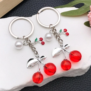 Simulation Fruit Cherry Strawberry Keychain Resin Zinc Alloy Artificial Pearl Bow Knot Bag Charm Pendant For Women Girls Jewelry