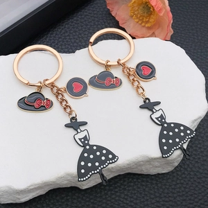Vintage Lady Polka Dot Dress Keychain Zinc Alloy Enamel Wide Brim Hat Heart Pendant Bag Charm Accessory For Women