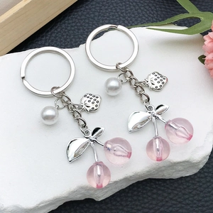 Simulation Fruit Keychain Resin Cherry Strawberry Artificial Pearl Pendant Zinc Alloy Key Ring For Women Bag Hanging Accessories