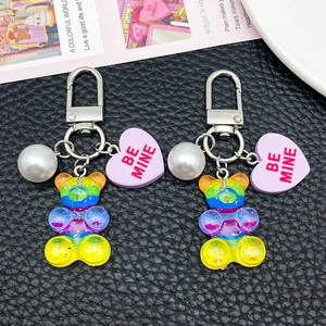 Rainbow Iridescent Resin Bear Keychain With Faux Artificial Pearl And Heart Pendant Be Mine Letter Cartoon Bag Charm For Women Kids