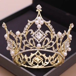 Baroque Bridal Crown Alloy Rhinestone Princess Tiara With Faux Artificial Pearl Vintage Wedding Hair Accessories For Women Gold Silver