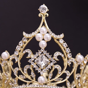 Baroque bridal crown with square rhinestones and pearls on a gold-tone metallic finish