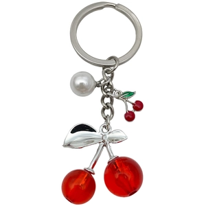 Creative translucent red cherry keychain with silver leaf and white pearl charm