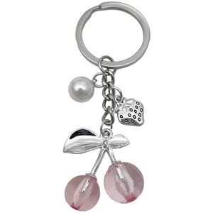 Translucent pink cherry and strawberry resin keychain with white pearl and silver ring