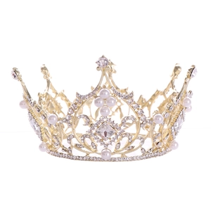 Baroque gold bridal crown with white pearls and sparkling square crystals for weddings