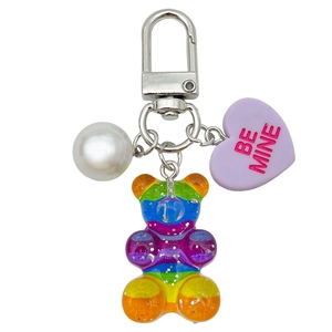 Rainbow gummy bear keychain with white pearl and purple Be Mine heart charm pendant