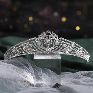 Elegant bridal silver tiara crown with floral rhinestones on green background