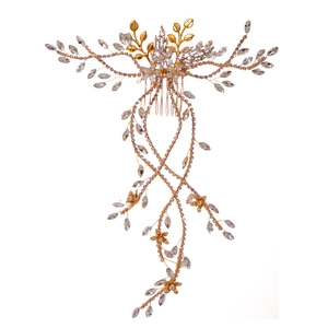 Elegante pettine per capelli da sposa dorato con foglie di cristallo e nappe di strass