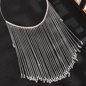 Luxurious Chinese style tassel face veil with white pearls and silver fringe pendants