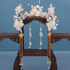 Vintage Chinese Style Hair Accessory Set Gold Alloy Leaf Butterfly Tassel Hair Crown Sticks With Faux Artificial Pearl For Women Hanfu