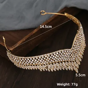 Detailed side view of a gold rhinestone bridal crown with dimensions 14.5cm by 5.5cm